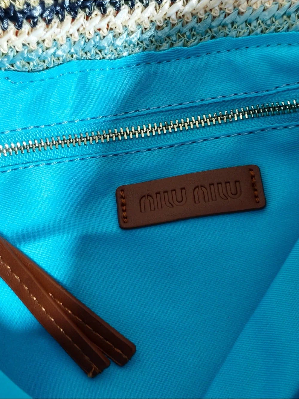 Miu Miu Multicolor Striped Crochet Tote with Brown Leather Straps - Picture 6 of 8